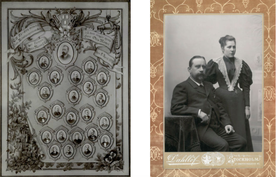 Till vänster: 25-års jubileumet 1898 firades bland annat med denna tavla. Fotot hos Olle Meyer. Till höger: Otto och Anna. Foto hos Ylva Meyer.