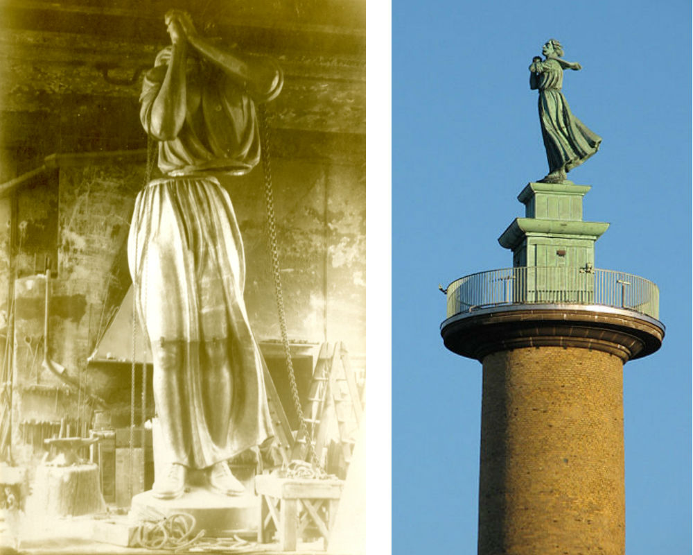 Kvinna vid havet. Till vänster i verkstadsrummet, foto ur Otto Meyers arkiv hos Centrum för Näringslivshistoria. Till höger statyn på plats utanför Sjöfartsmuseet i Göteborg, foto Rolf Broberg.